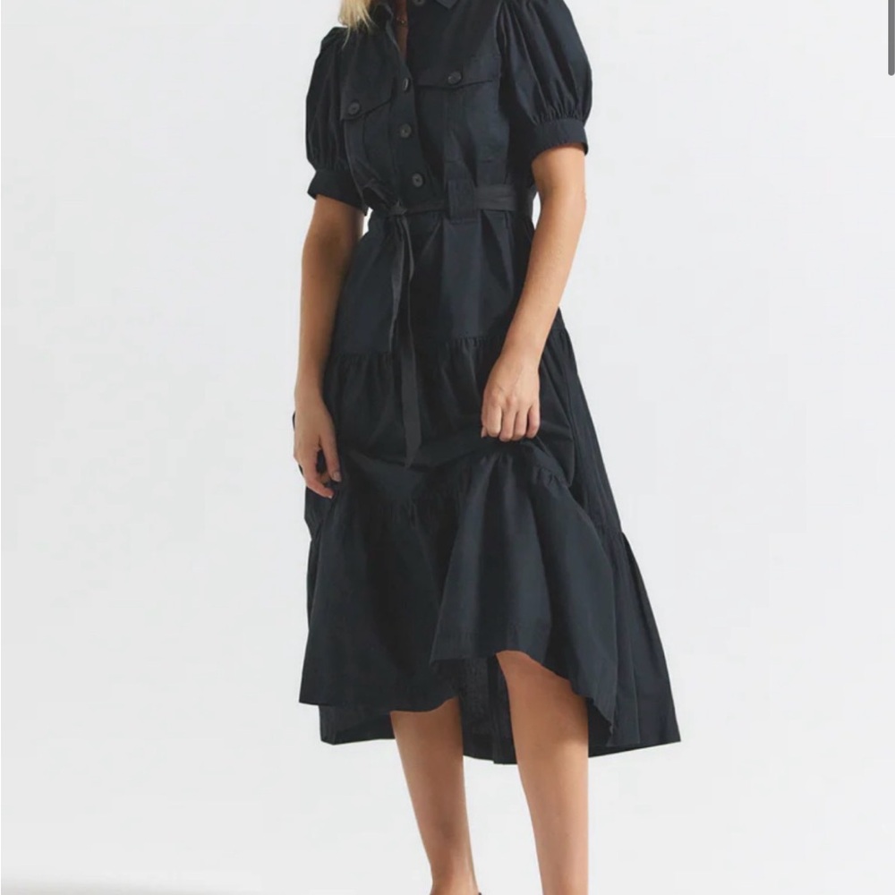 Derek Lam Black Puff-Sleeve Midi Dress with Tie Waist
